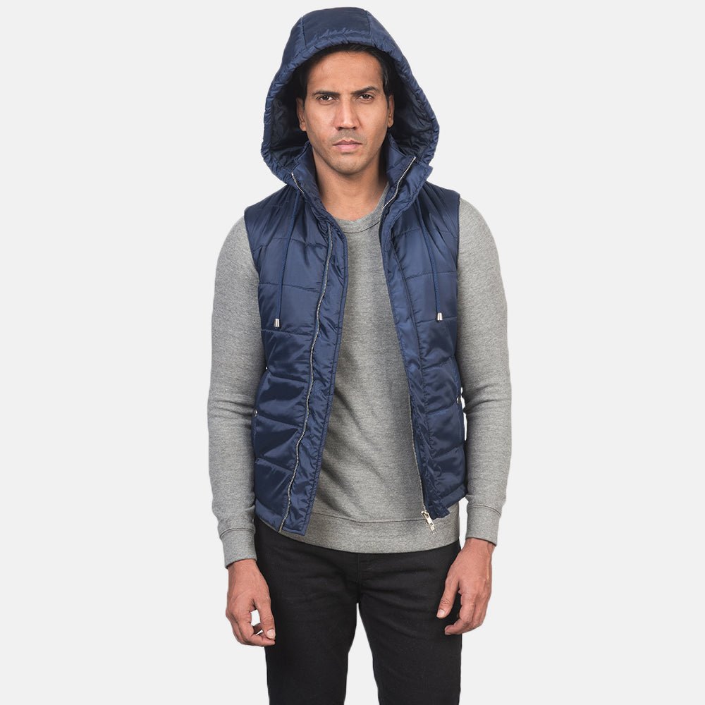 Fuston Blue Hooded Puffer Vest - Rare Leather