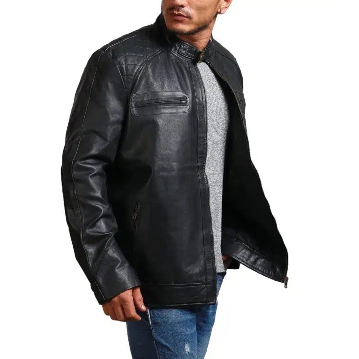 Garcia Mens Cafe Racer Black Leather Jacket - Vox Leather