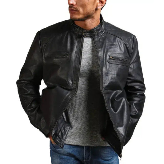 Garcia Mens Cafe Racer Black Leather Jacket - Vox Leather