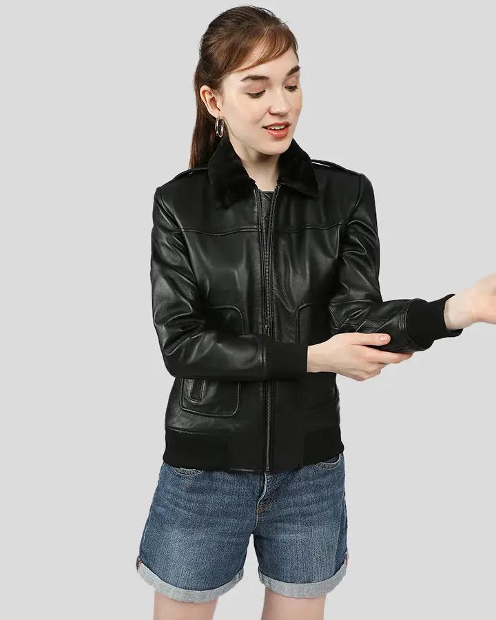 Gemma Black Bomber Leather Jackets with Fur - Rare Leather