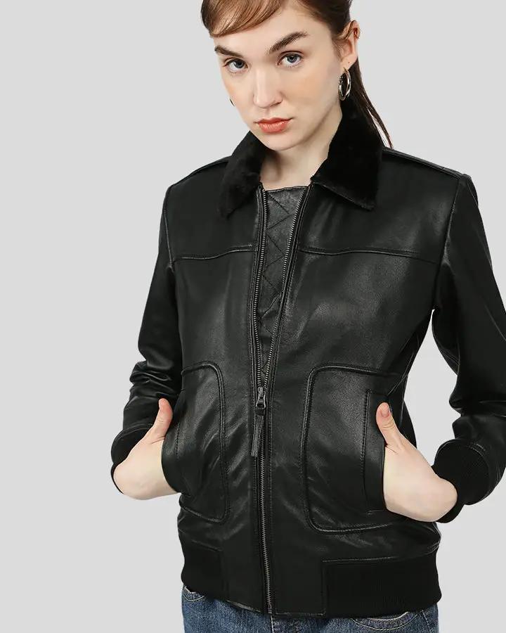 Gemma Black Bomber Leather Jackets with Fur - Rare Leather