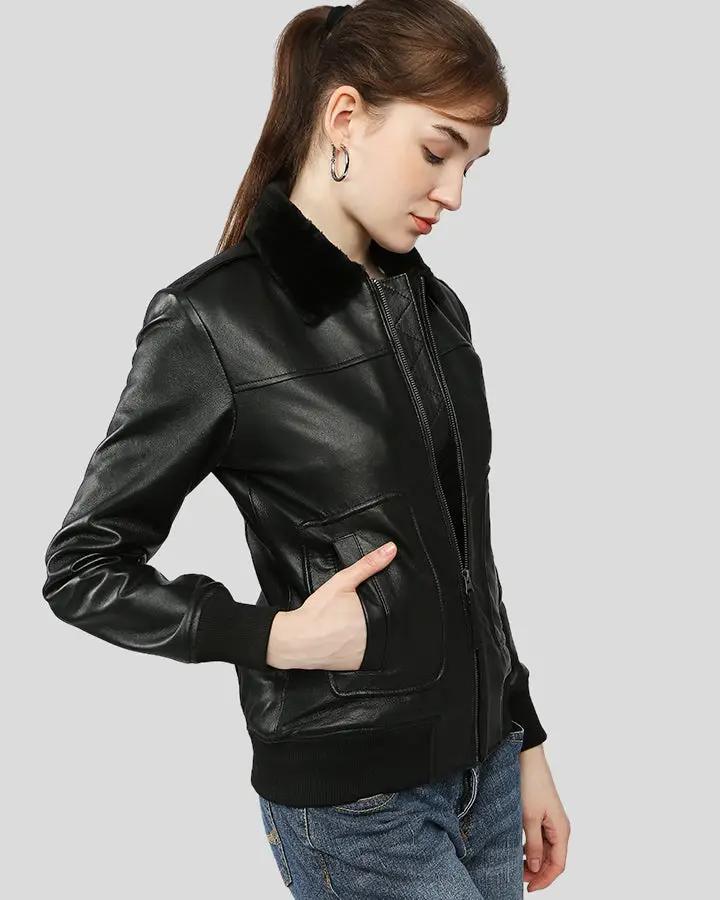 Gemma Black Bomber Leather Jackets with Fur - Rare Leather