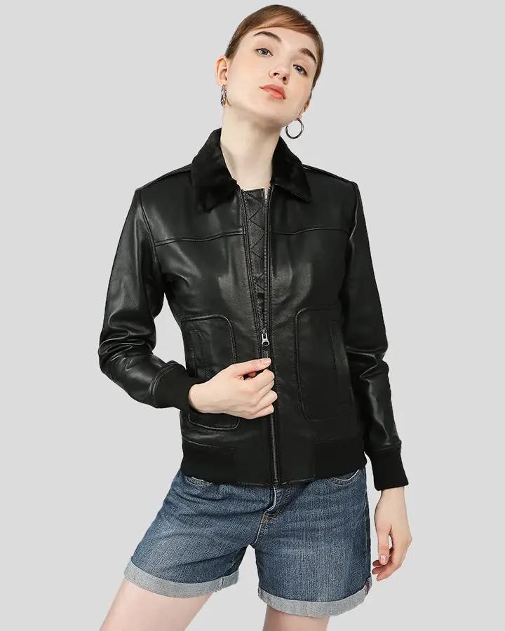 Gemma Black Bomber Leather Jackets with Fur - Rare Leather