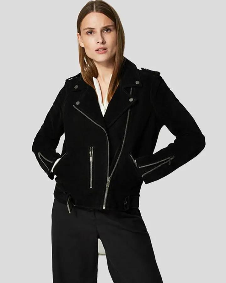 Gracie Black Suede Biker Leather Jacket - Vox Leather