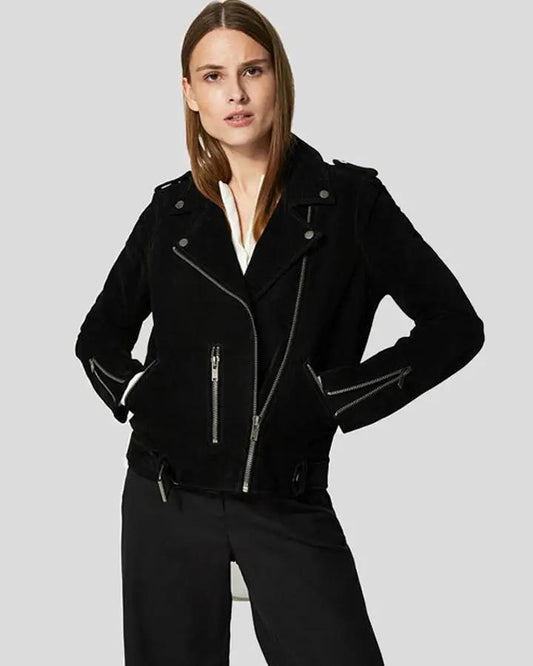 Gracie Black Suede Biker Leather Jacket - Vox Leather