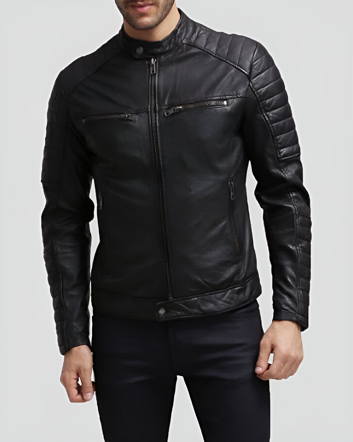 Grant Black Slim Fit Leather Racer Jacket - Rare Leather