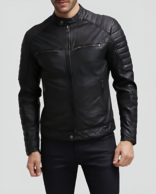 Grant Black Slim Fit Leather Racer Jacket - Rare Leather