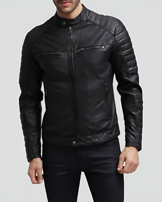 Grant Black Slim Fit Leather Racer Jacket - Vox Leather