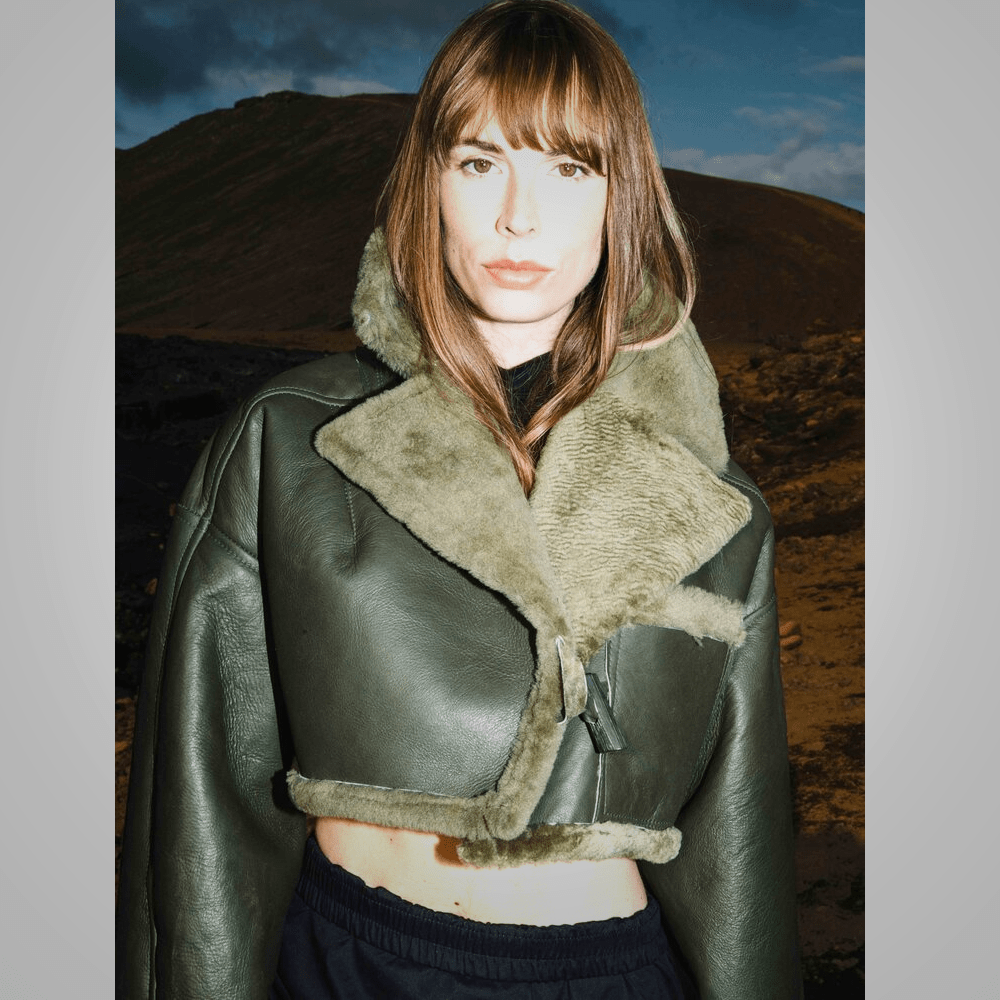 Green Women Aviator Flight Bomber Faux Fur Shearling Real Sheepskin Leather Jacket - Rare Leather