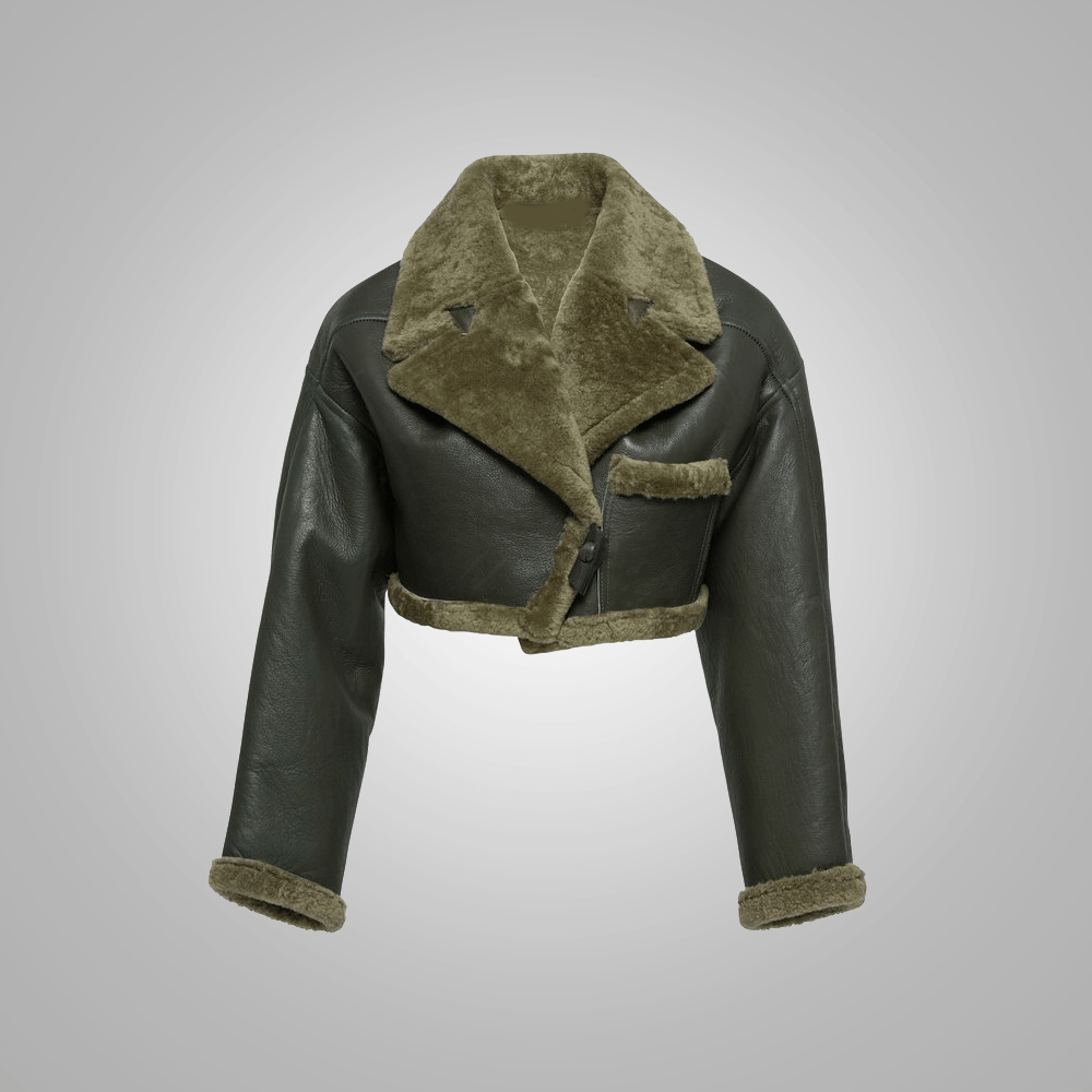 Green Women Aviator Flight Bomber Faux Fur Shearling Real Sheepskin Leather Jacket - Rare Leather