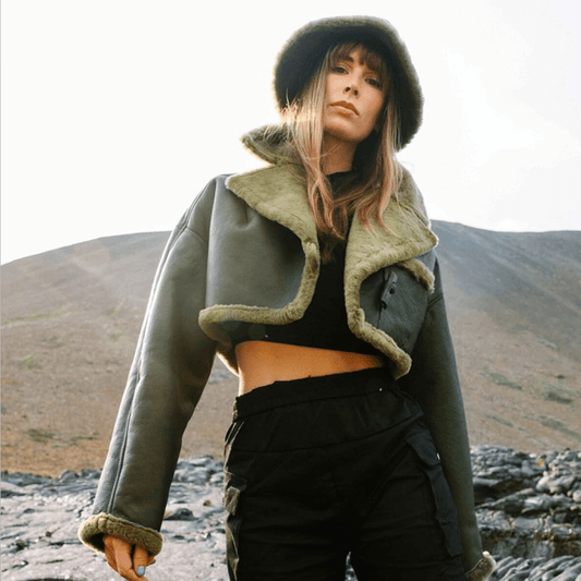 Green Women Aviator Flight Bomber Faux Fur Shearling Real Sheepskin Leather Jacket - Vox Leather