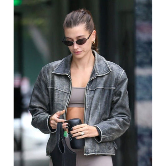 Hailey Bieber Black Distressed Leather Jacket - Vox Leather