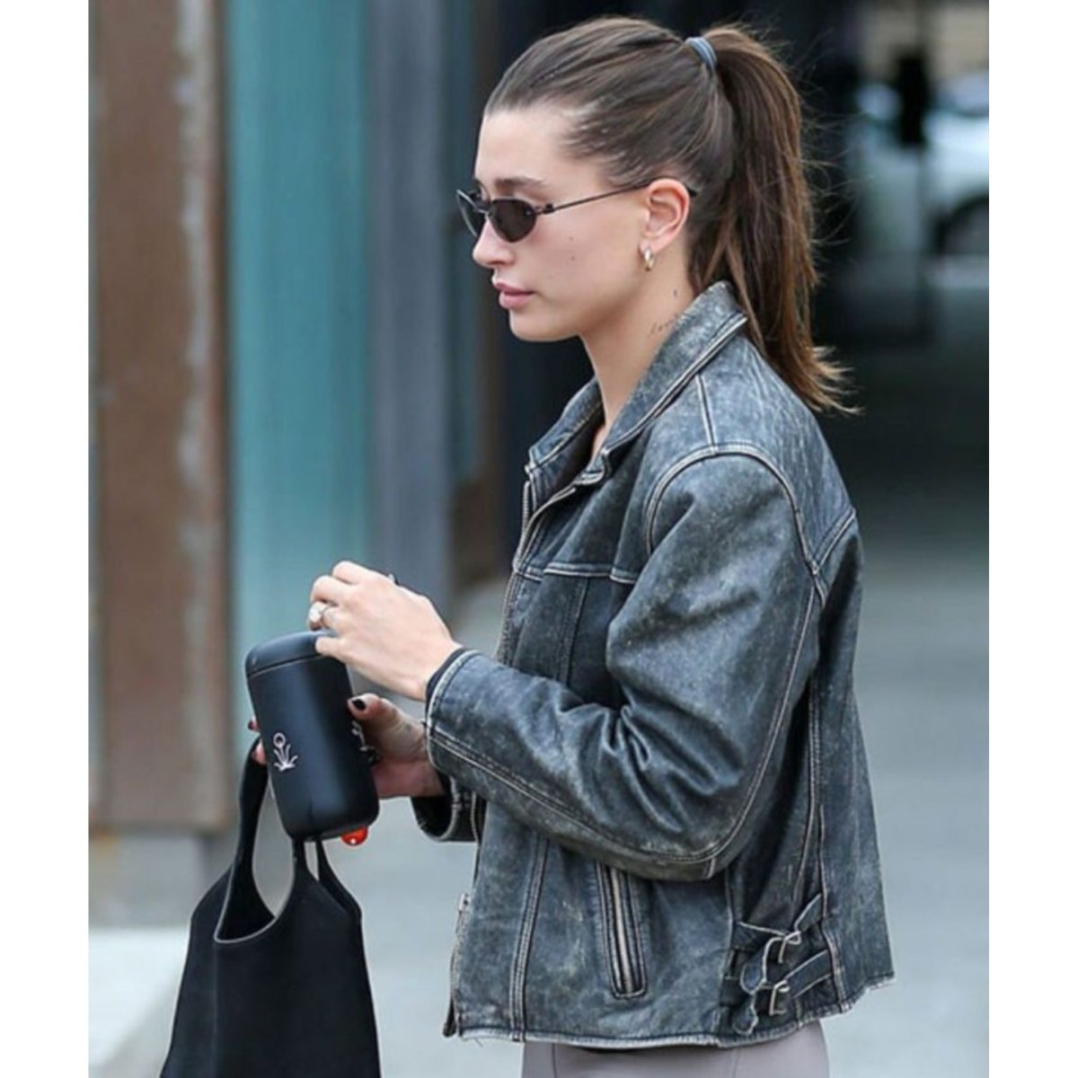 Hailey Bieber Black Distressed Leather Jacket - Vox Leather