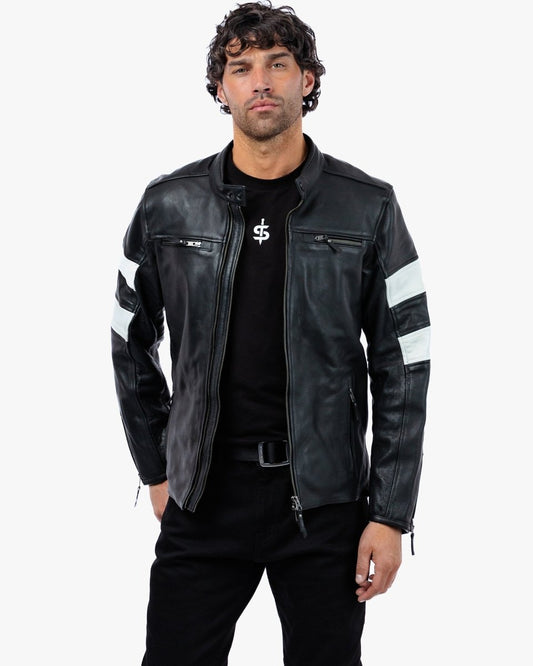 Hanzo Black & Ivory Leather Motorcycle Jacket - Vox Leather