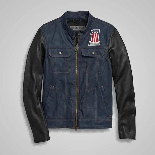 Harley - Davidson 7 Star Denim Jacket with Premium Leather Sleeves - Rare Leather