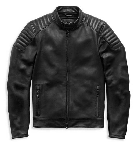 Harley-Davidson Mens Embossed Logo Padded Biker Leather Jacket Black - Vox Leather