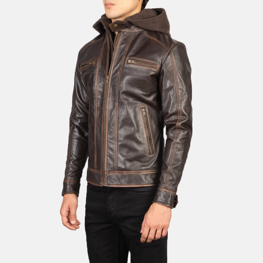 Hector Vintage Brown Hooded Leather Biker Jacket - Rare Leather