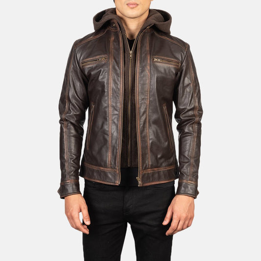 Hector Vintage Brown Hooded Leather Biker Jacket - Rare Leather