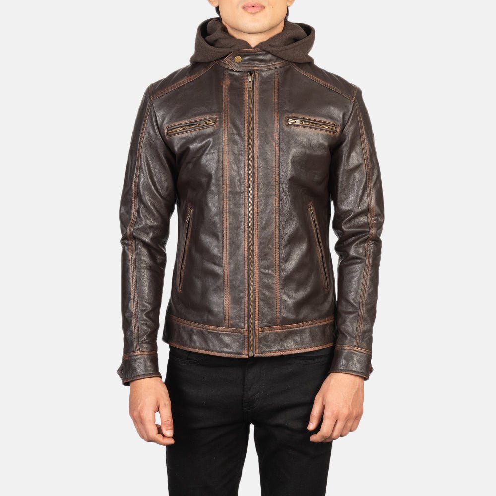 Hector Vintage Brown Hooded Leather Biker Jacket - Rare Leather