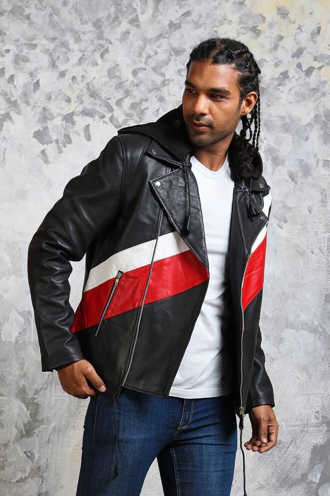 Hooded Leather Jacket in Black with Stripes - Rare Leather