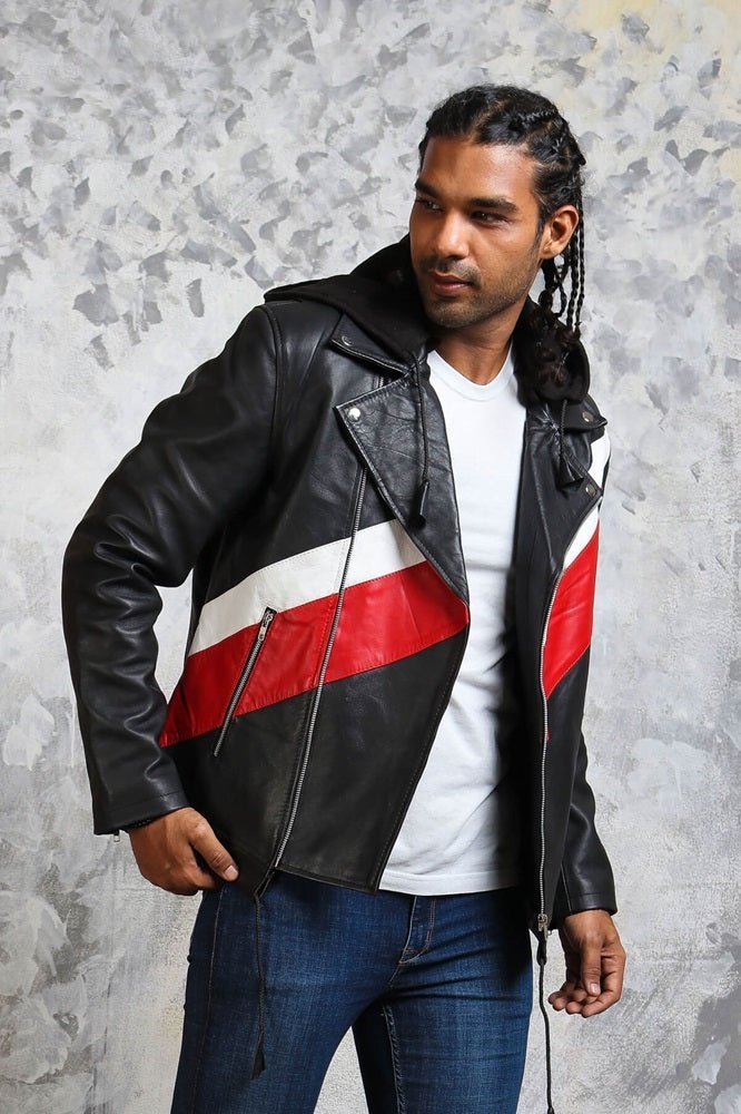 Hooded Leather Jacket in Black with Stripes - Vox Leather