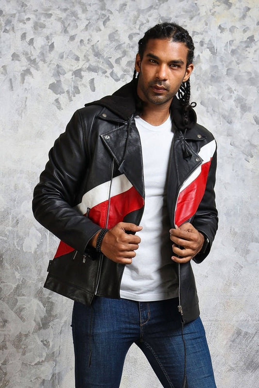 Hooded Leather Jacket in Black with Stripes - Vox Leather