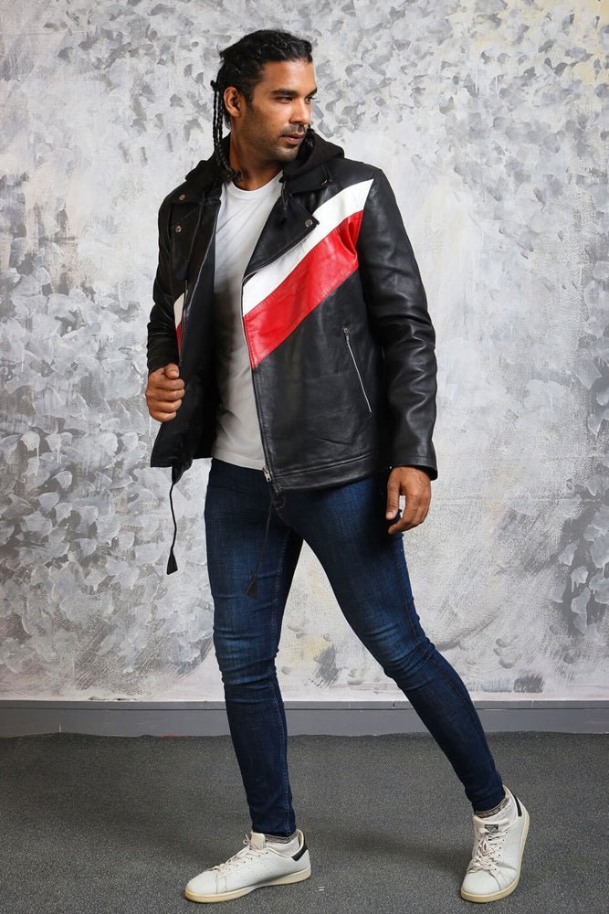 Hooded Leather Jacket in Black with Stripes - Vox Leather