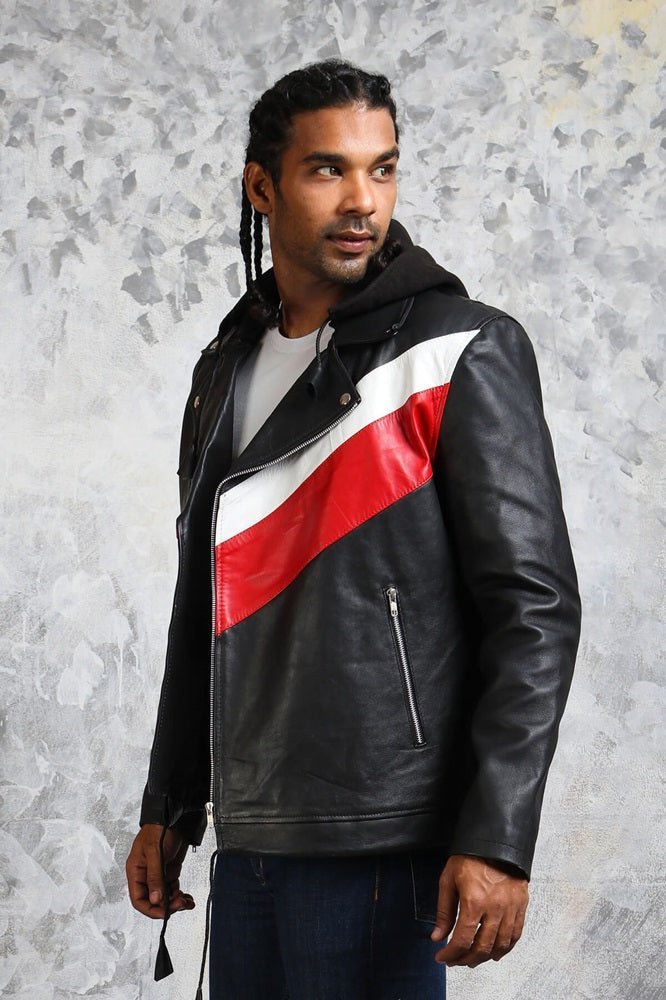 Hooded Leather Jacket in Black with Stripes - Vox Leather