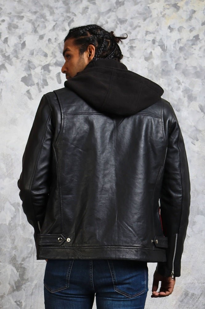 Hooded Leather Jacket in Black with Stripes - Vox Leather