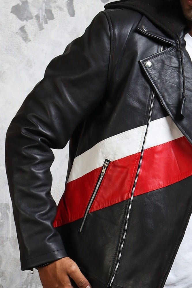 Hooded Leather Jacket in Black with Stripes - Vox Leather