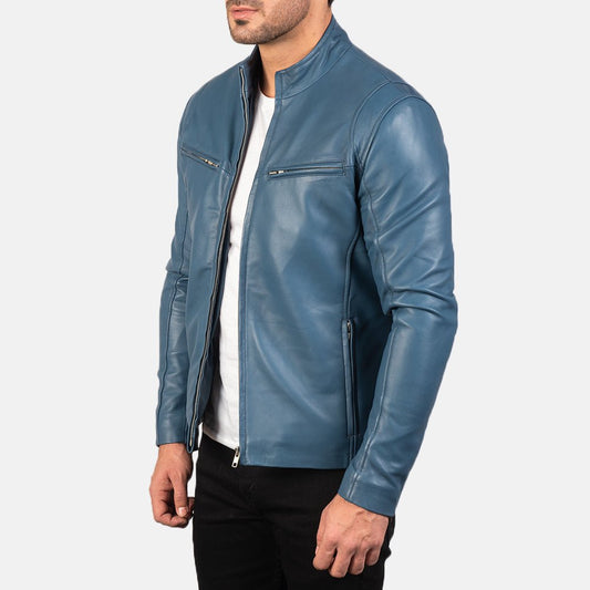 Ionic Blue Leather Biker Jacket - Rare Leather