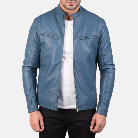 Ionic Blue Leather Biker Jacket - Vox Leather