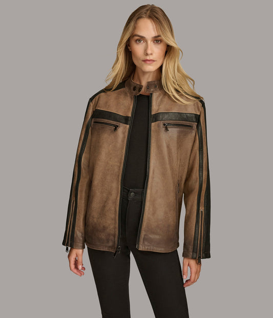 Jade Color Block Racer Jacket - Rare Leather