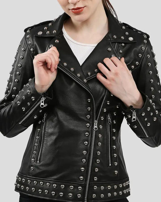 Jasmine Black Studded Leather Jacket - Vox Leather