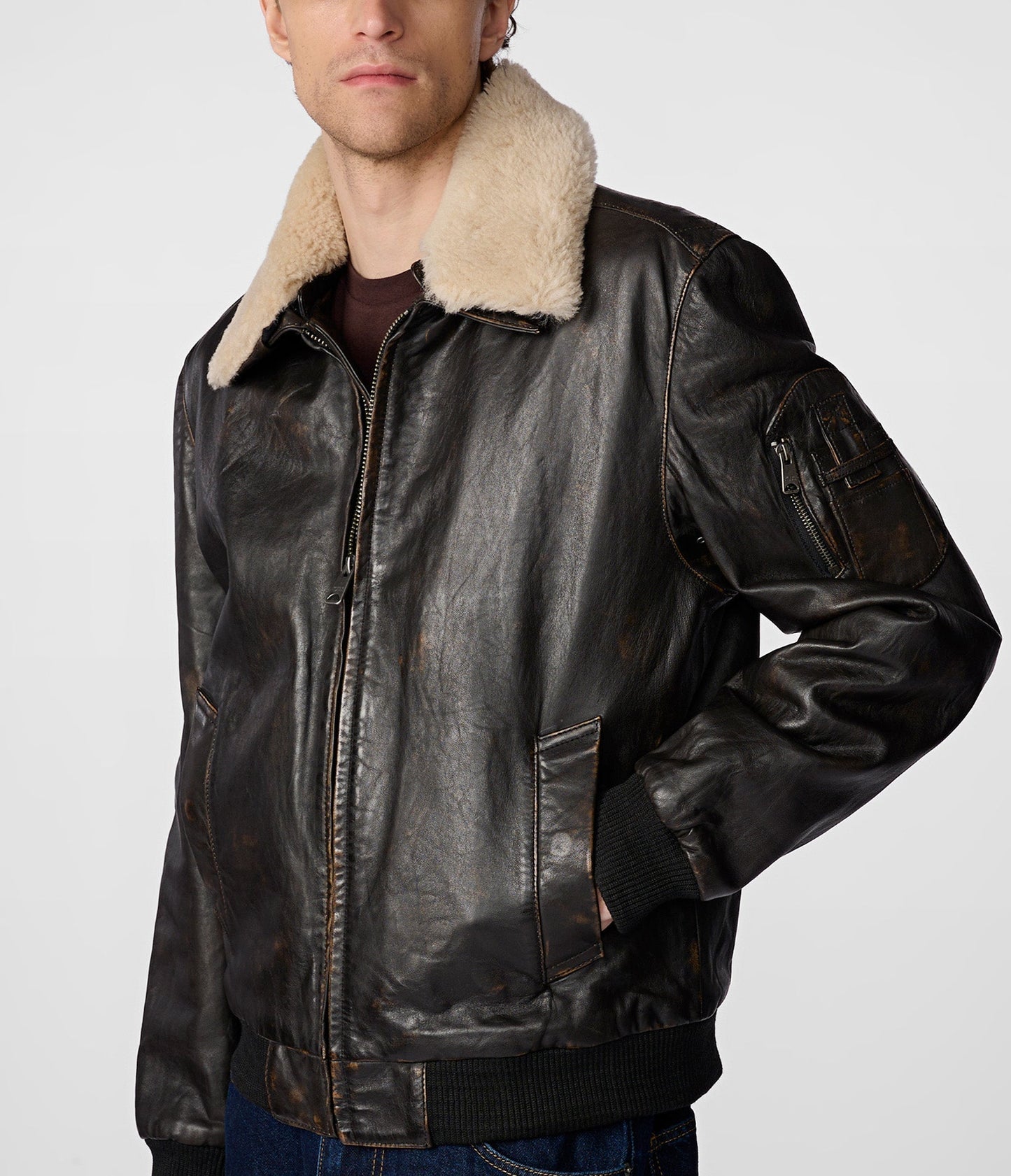 Jimmy Leather Aviator Bomber Jacket With Shearling Collar - Rare Leather