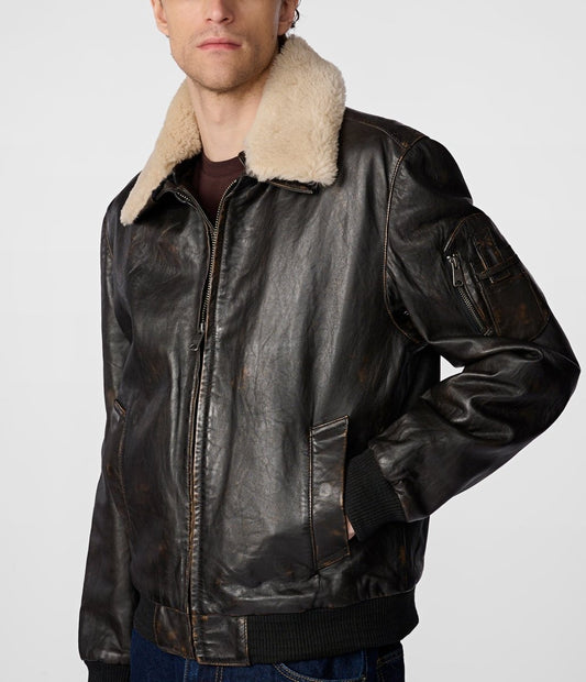 Jimmy Leather Aviator Bomber Jacket With Shearling Collar - Vox Leather