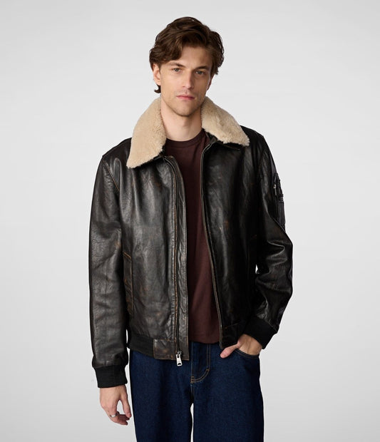 Jimmy Leather Aviator Bomber Jacket With Shearling Collar - Vox Leather