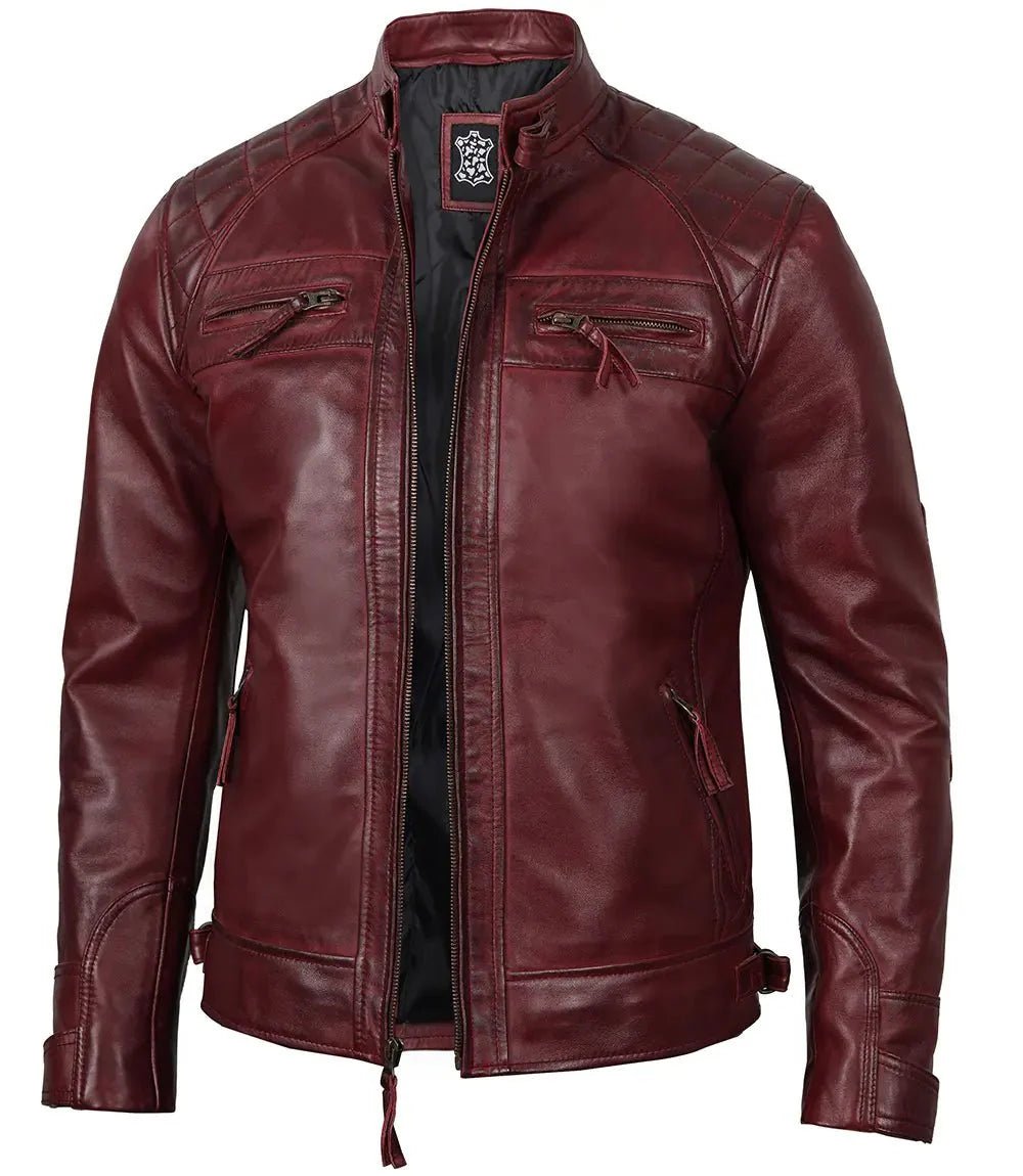 Johnson Burgundy Quilted Motorcycle Leather Jacket - Vox Leather