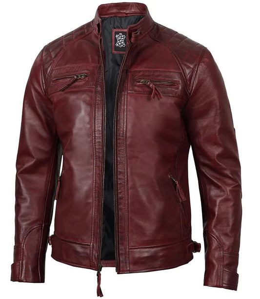 Johnson Burgundy Quilted Motorcycle Leather Jacket - Vox Leather