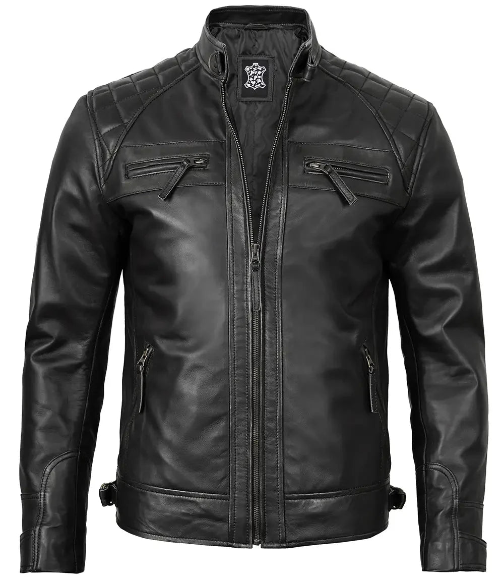 Johnson Mens Black Quilted Motorcycle Real Leather Jacket - Rare Leather