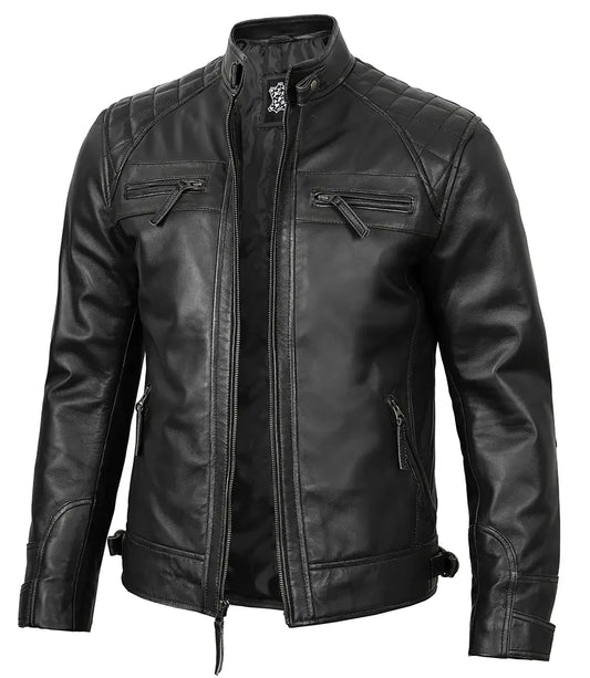 Johnson Mens Black Quilted Motorcycle Real Leather Jacket - Rare Leather