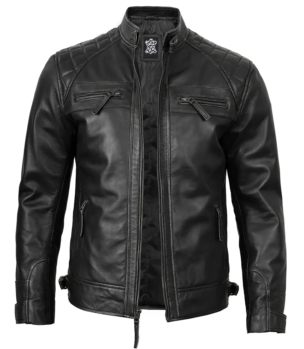 Johnson Mens Black Quilted Motorcycle Real Leather Jacket - Rare Leather