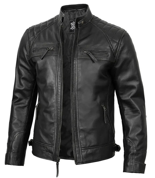 Johnson Mens Black Quilted Motorcycle Real Leather Jacket - Vox Leather
