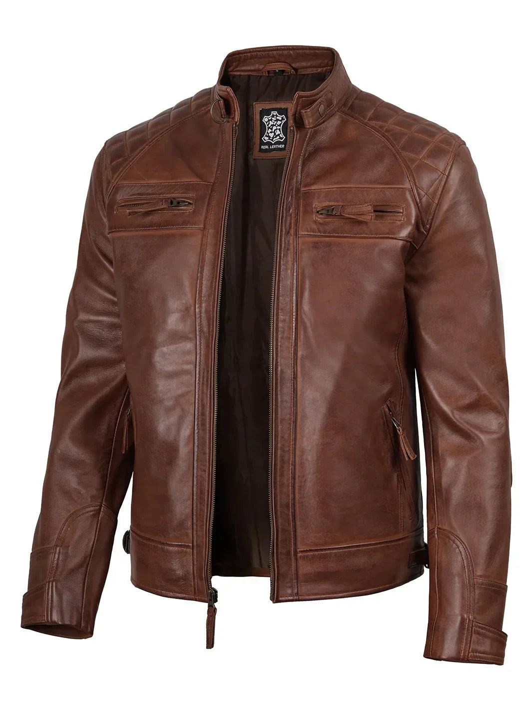 Johnson Men's Cognac Brown Quilted Biker Leather Jacket - Rare Leather