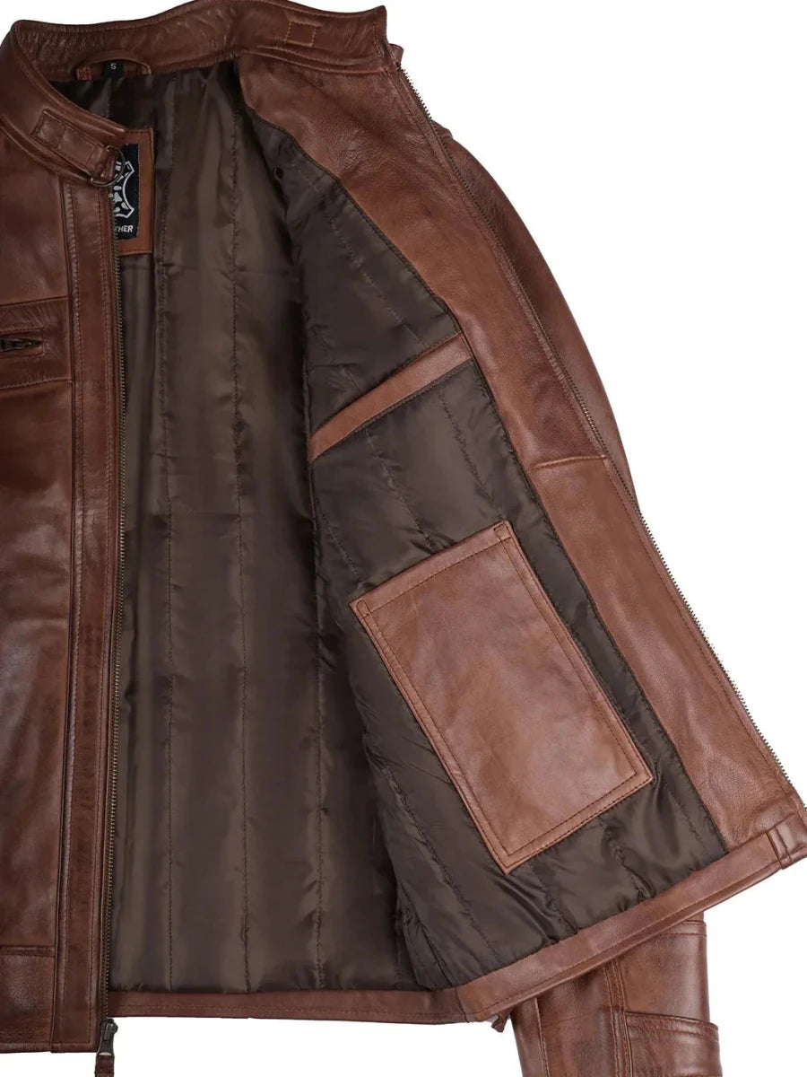 Johnson Men's Cognac Brown Quilted Biker Leather Jacket - Vox Leather