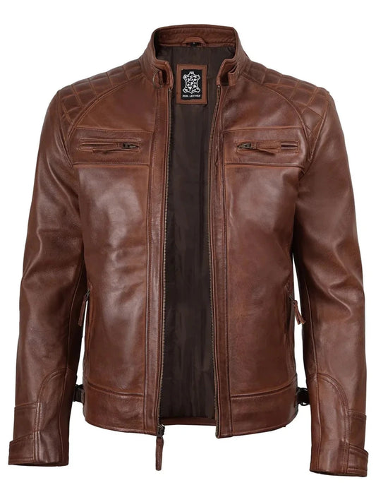 Johnson Men's Cognac Brown Quilted Biker Leather Jacket - Vox Leather