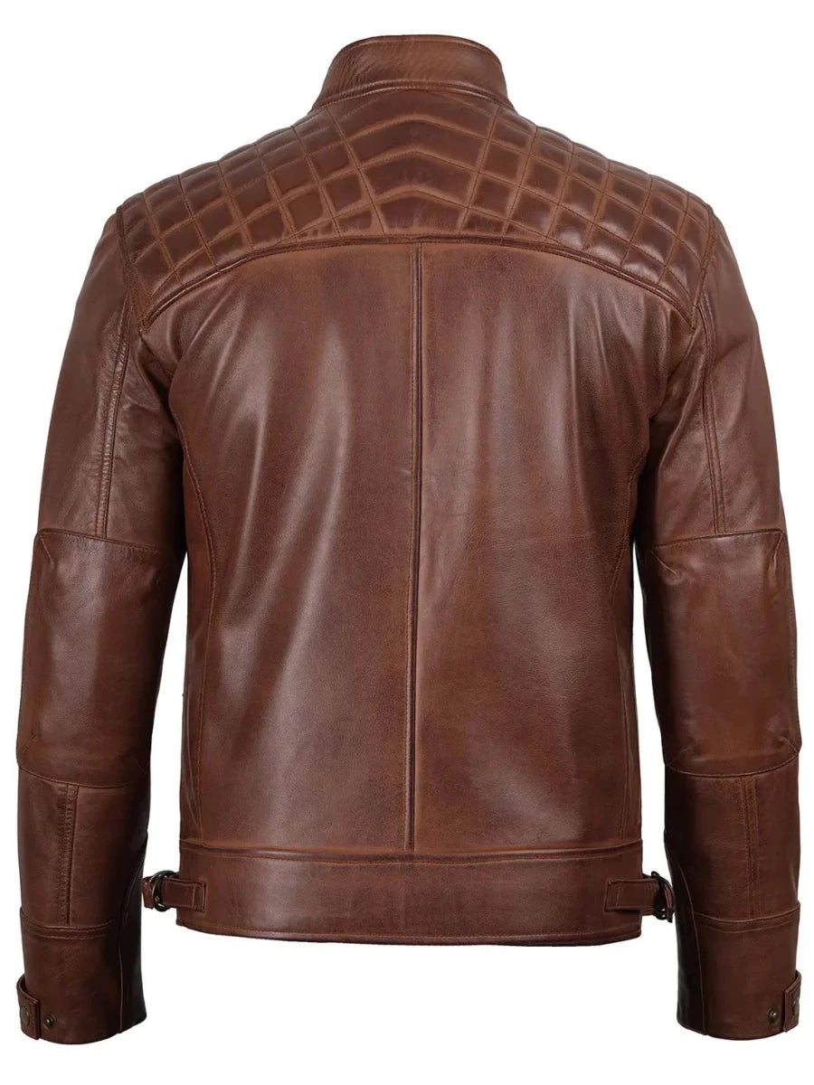 Johnson Men's Cognac Brown Quilted Biker Leather Jacket - Vox Leather