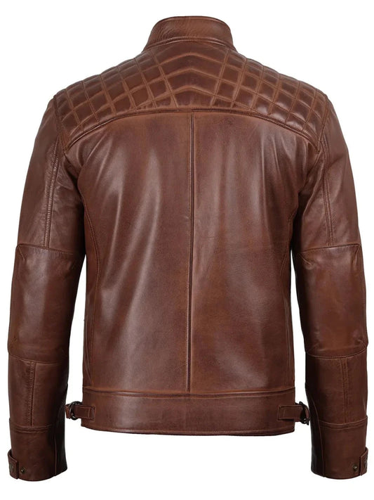 Johnson Men's Cognac Brown Quilted Biker Leather Jacket - Vox Leather