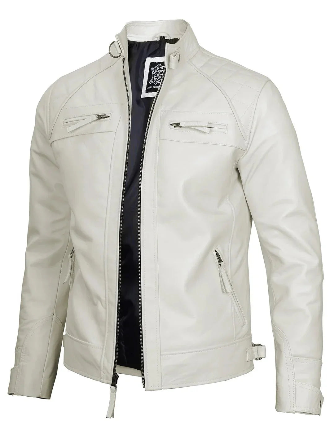 Johnson Mens Off White Quilted Cafe Racer Leather Jacket - Rare Leather