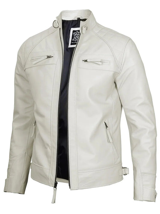 Johnson Mens Off White Quilted Cafe Racer Leather Jacket - Rare Leather